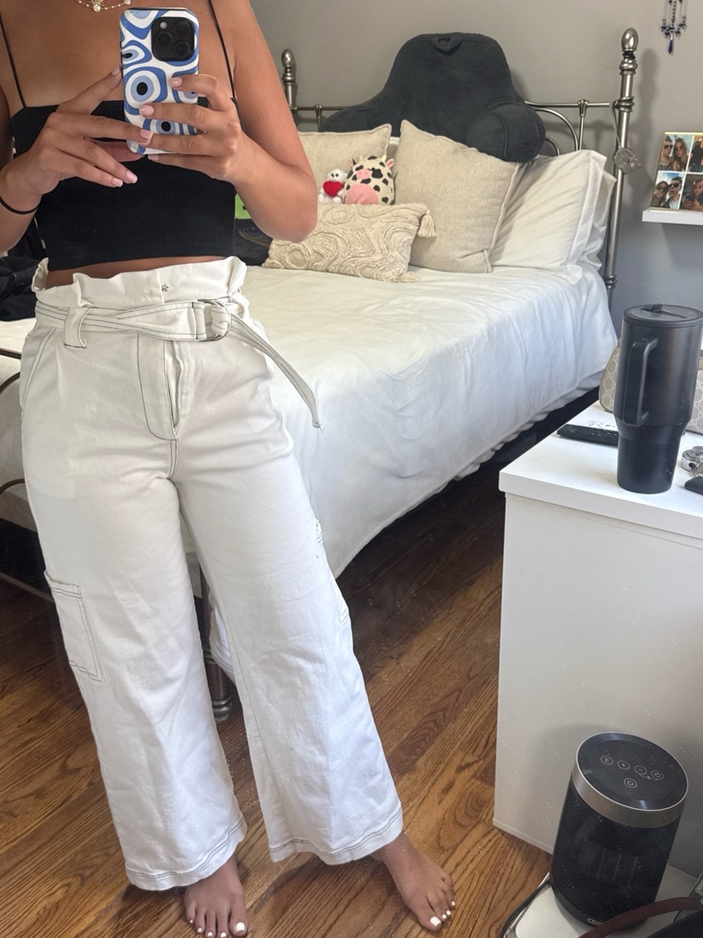 Blue Blush White High-Waist Wide Leg Cargo Pants